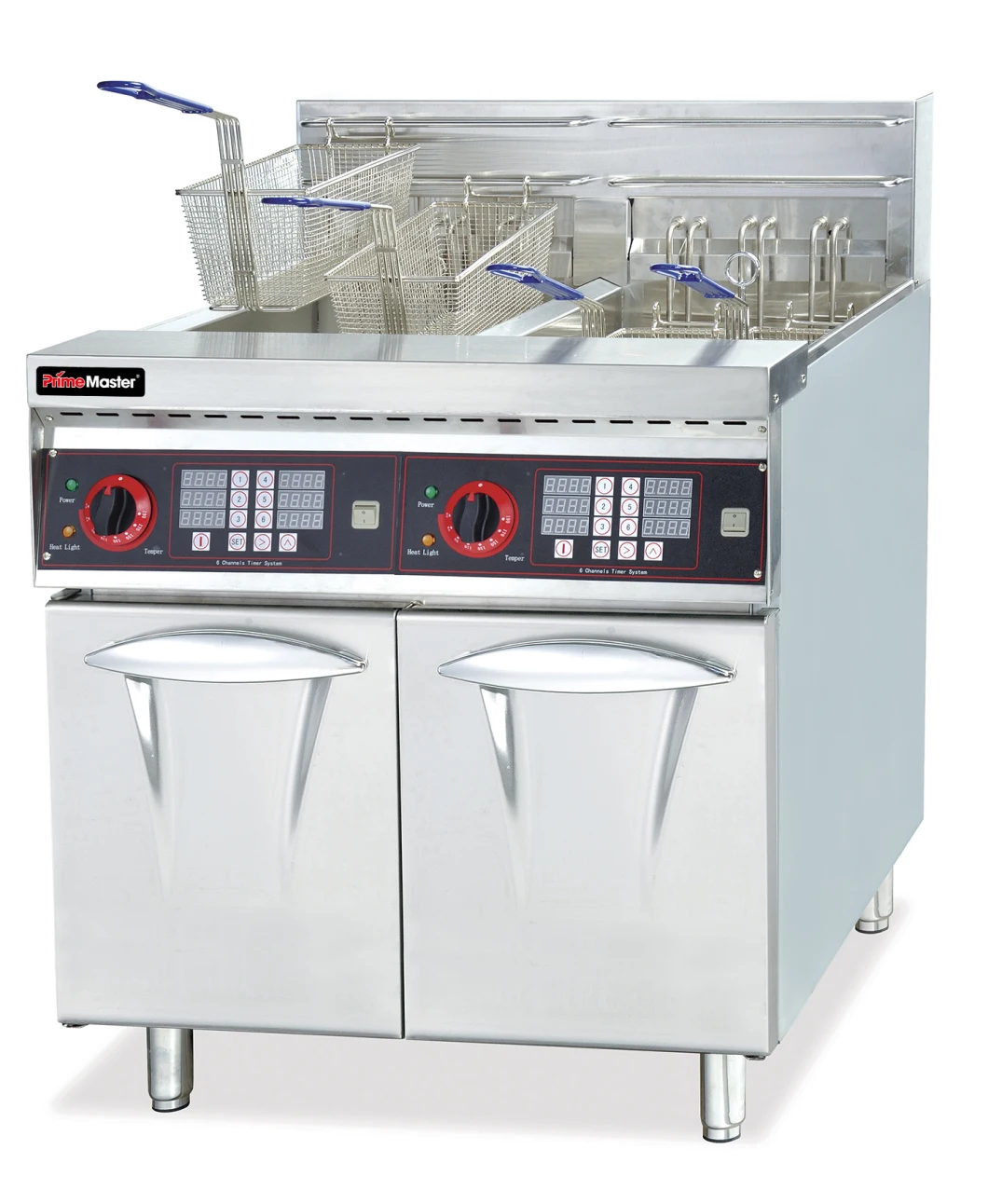 Free Standing Commercial Kitchen Equipment Electric Fryer with Cabinet Commercial All Flat Fryer for Meat and Food French Fire Double Tank 4 Basket with Timer