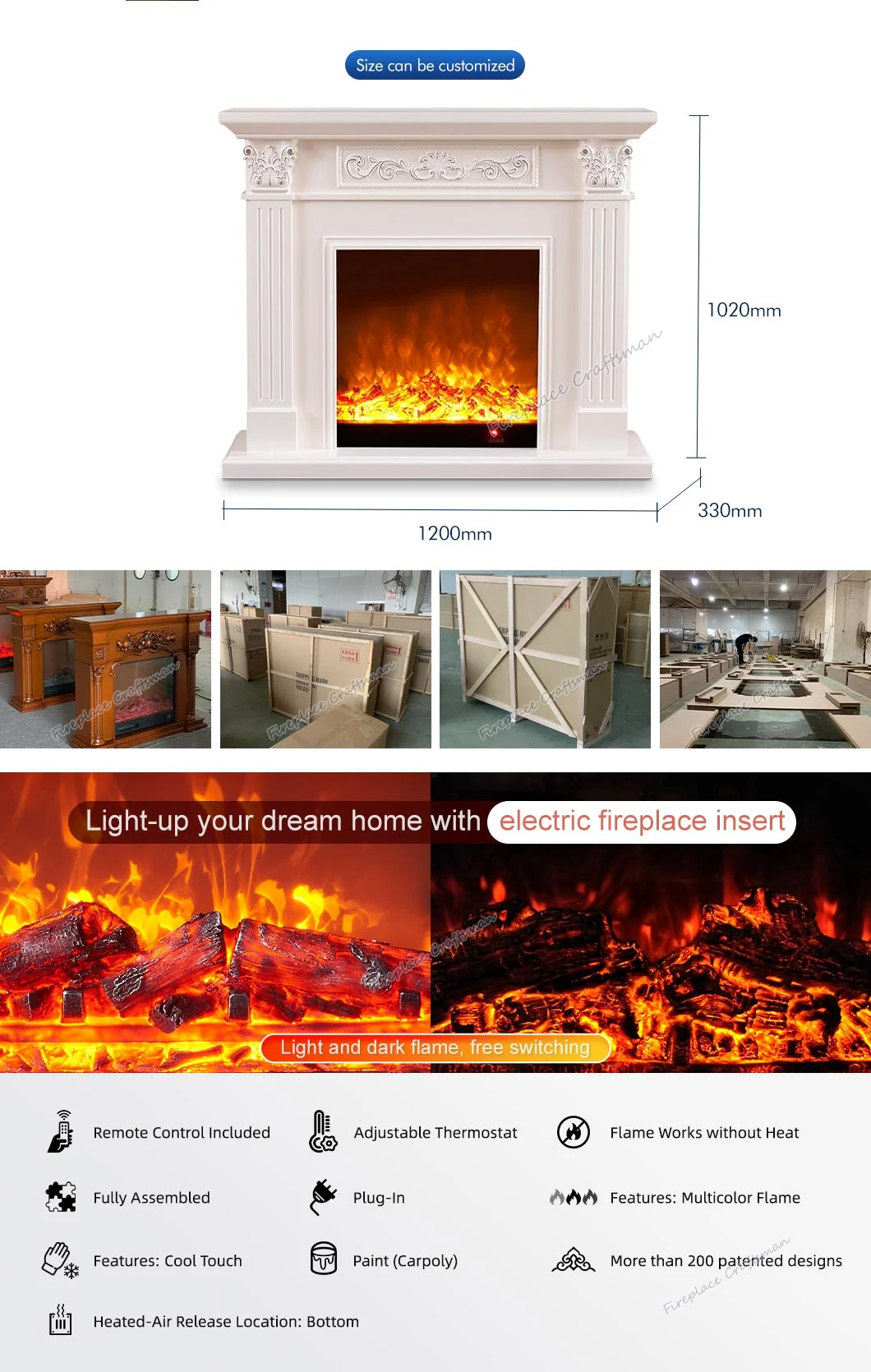 Freestanding Portable Mantel Wooden Infrared Freestanding Electric Heater Fireplace